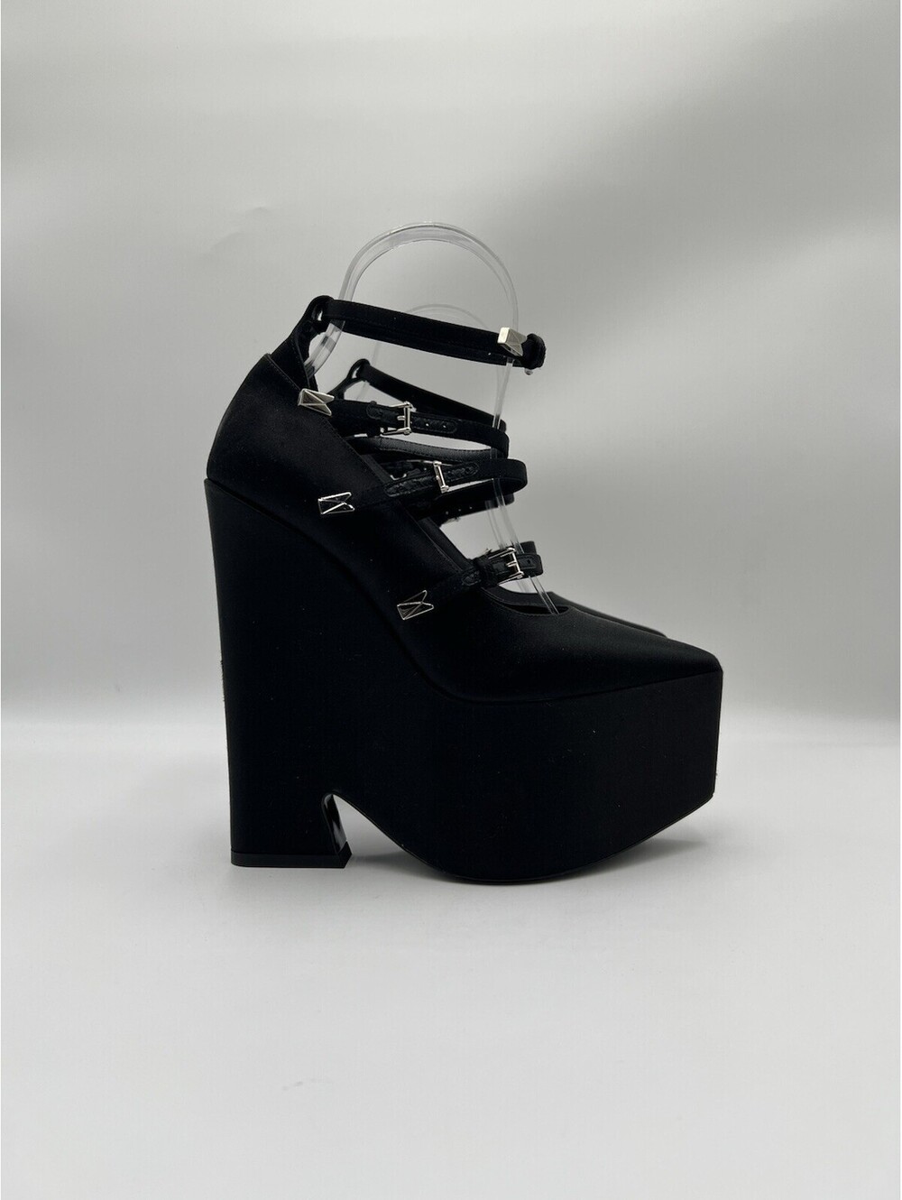 Versace Women’s Tempest Platform Pumps Black Satin Leather Trim Size 35.5